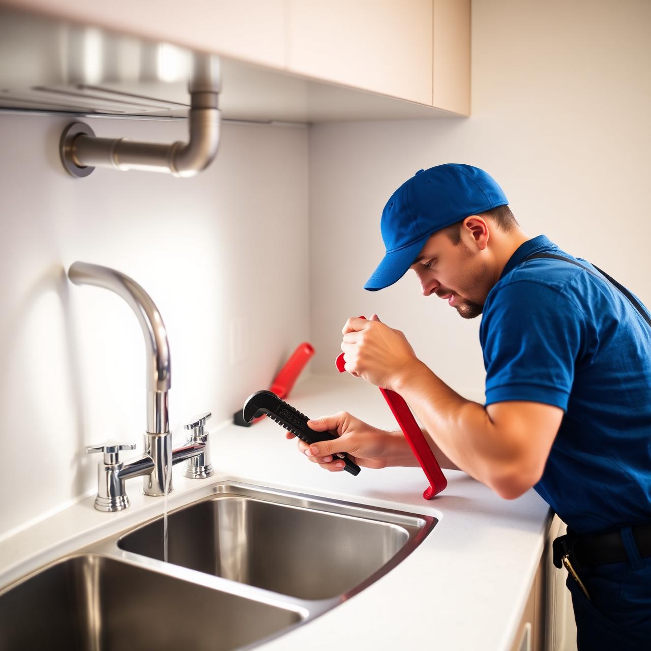 Licensed BlueLine plumber repairing a residential kitchen sink