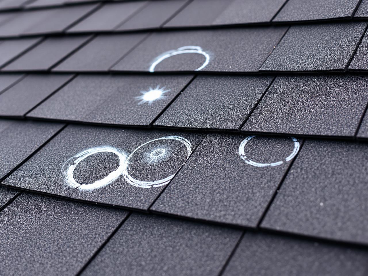Close-up of hail damage on asphalt shingles with inspector chalk marks