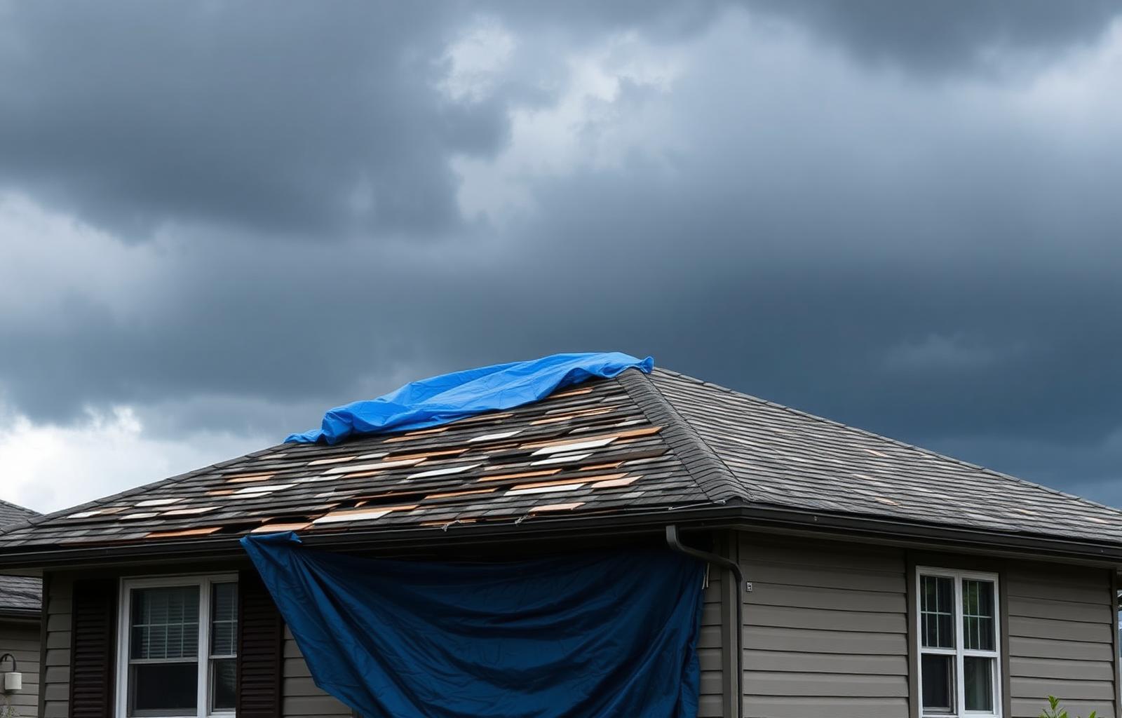 Storm-damaged roof with emergency tarp under dark clouds